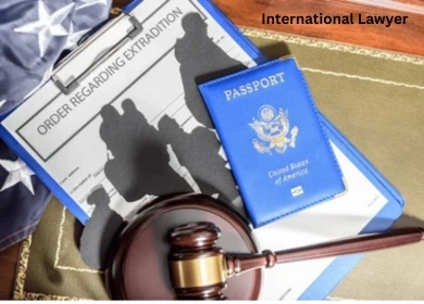 International lawyer concept showing a U.S. passport, legal documents related to extradition, and a judge’s gavel symbolizing immigration and international law.
