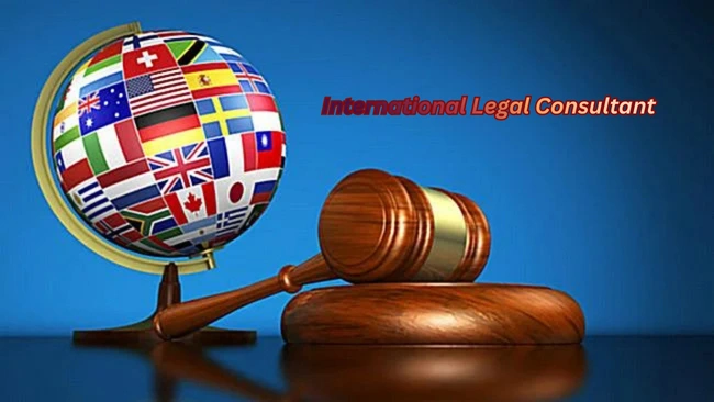 International Legal Consultant symbolized by a judge’s gavel beside a globe covered with national flags, representing global law and cross-border compliance.
