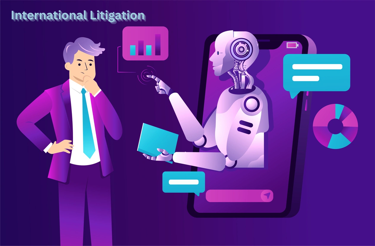 Illustration showing a lawyer consulting with an AI legal assistant on a mobile interface, representing international litigation, legal analytics, and technology-driven dispute resolution.