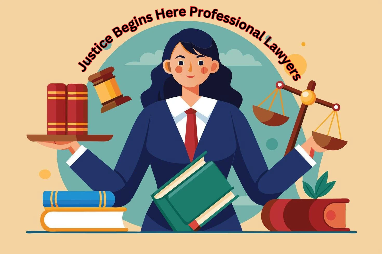 Illustration of a professional female lawyer holding law books and scales of justice, symbolizing legal expertise and justice.