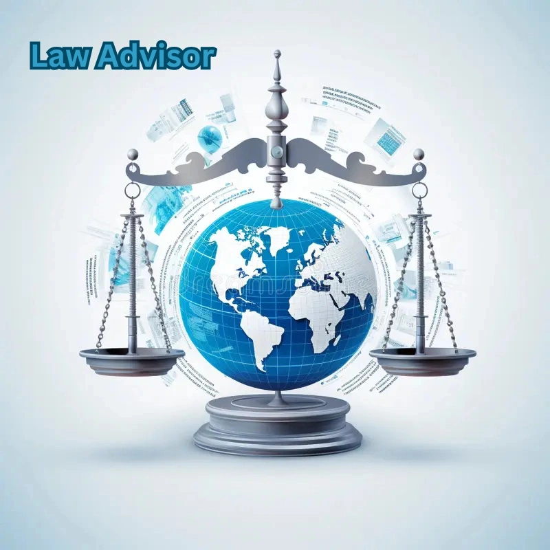 Global law advisor illustration showing scales of justice balanced over a world globe, representing international legal guidance and cross-border compliance.