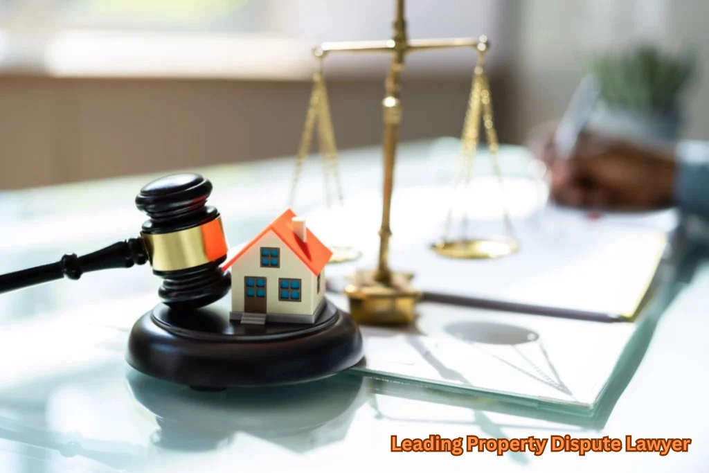 Leading property dispute lawyer concept showing a judge’s gavel, miniature house, and justice scales on a legal desk representing real estate litigation and property law cases.