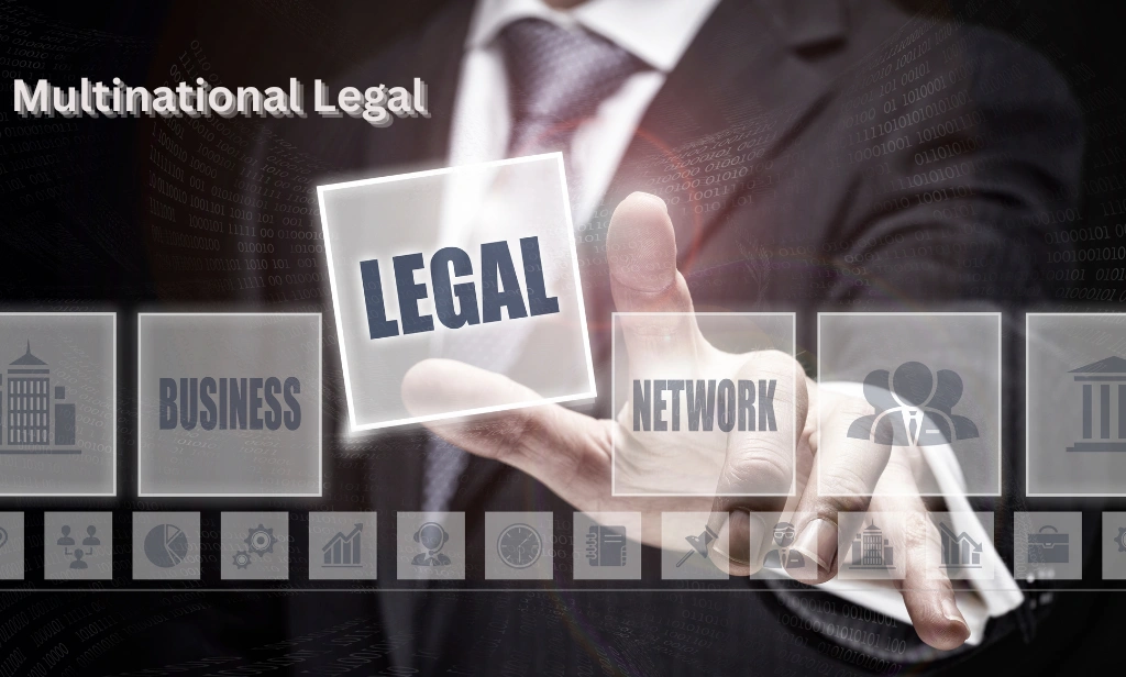Multinational legal professional interacting with digital interface highlighting global business, legal networks, and compliance.