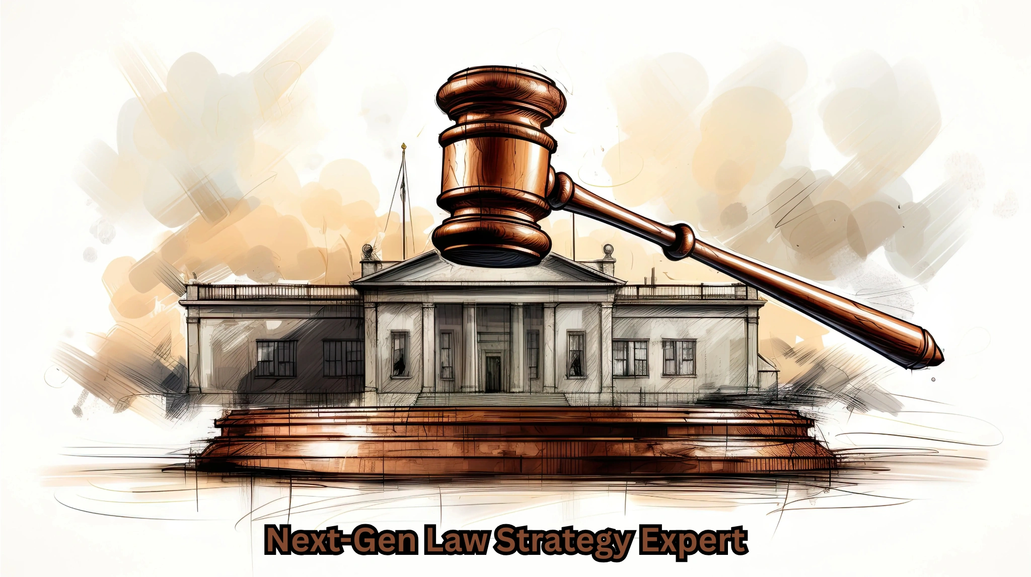 Illustration of a large judge’s gavel above a courthouse symbolizing modern legal strategy, justice, and next-generation law expertise.