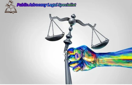A colorful painted hand gripping a justice scale symbolizing strength, fairness, and public advocacy in legal services.