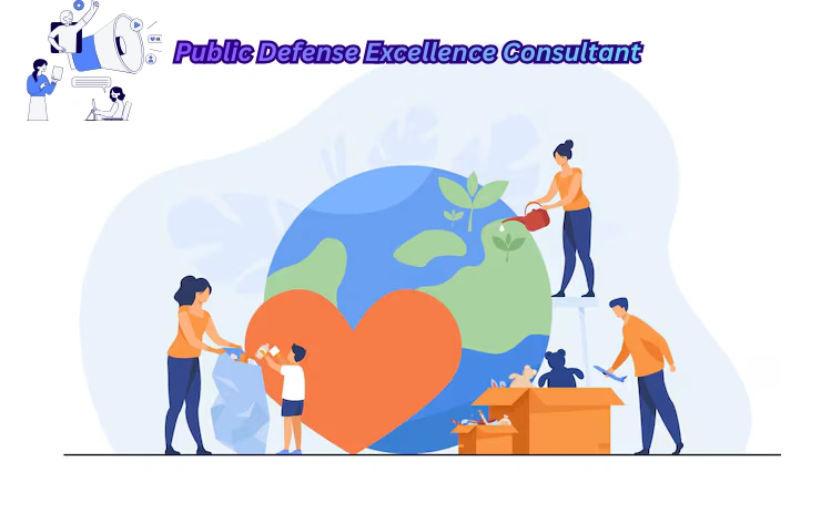 “Illustration of a Public Defense Excellence Consultant concept showing people helping each other, nurturing the planet, and supporting communities with care.”