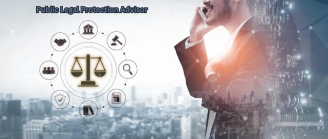 “Business professional talking on phone with justice icons overlay representing legal services, rights protection, and Public Legal Protection Advisor concept.”