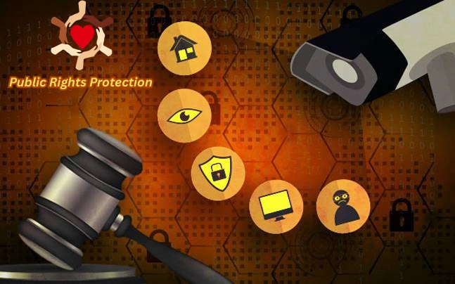 A gavel, security icons, and a surveillance camera symbolizing public rights protection, privacy, and legal oversight.