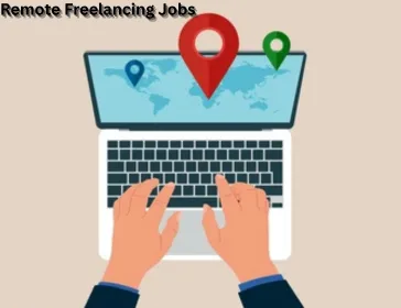 Illustration of a person typing on a laptop with global location pins, representing remote freelancing jobs.