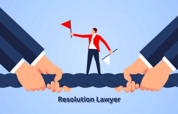 Illustration of a dispute resolution lawyer mediating conflict between two opposing parties using negotiation tools.