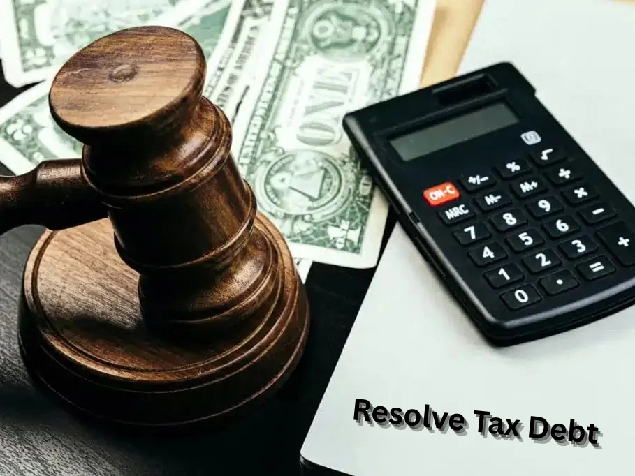 “Gavel, calculator, and dollar bills representing legal and financial tax debt resolution.”