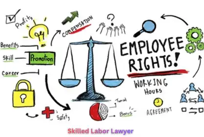 Illustration showing concepts labor lawyerrelated to employee rights, compensation, benefits, promotion, safety, and workplace agreements, centered around a scale of justice.