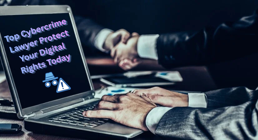 Laptop displaying the text “Top Cybercrime Lawyer Protect Your Digital Rights Today,” with two professionals shaking hands in the background and a person typing on the keyboard.