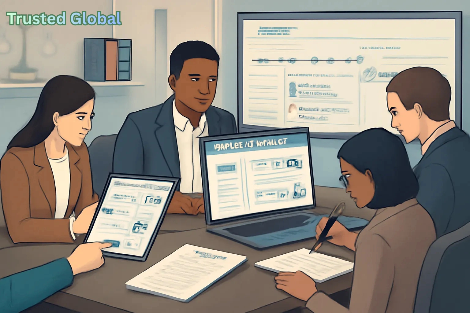 Trusted global legal consultants collaborating in a professional meeting, reviewing international compliance documents and cross-border legal strategies on digital screens.