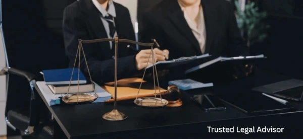 Business legal advisors reviewing documents at a desk with a justice scale symbolizing corporate law and compliance