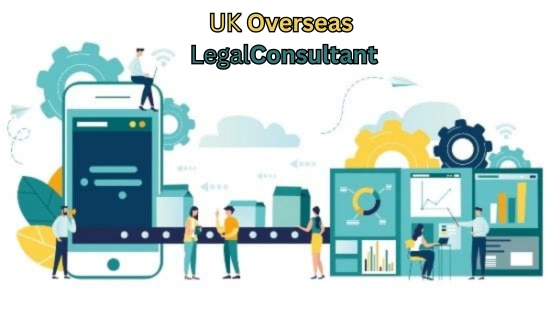 UK overseas legal consultant illustration showing professionals analyzing legal data, digital documents, charts, and global compliance systems using technology.