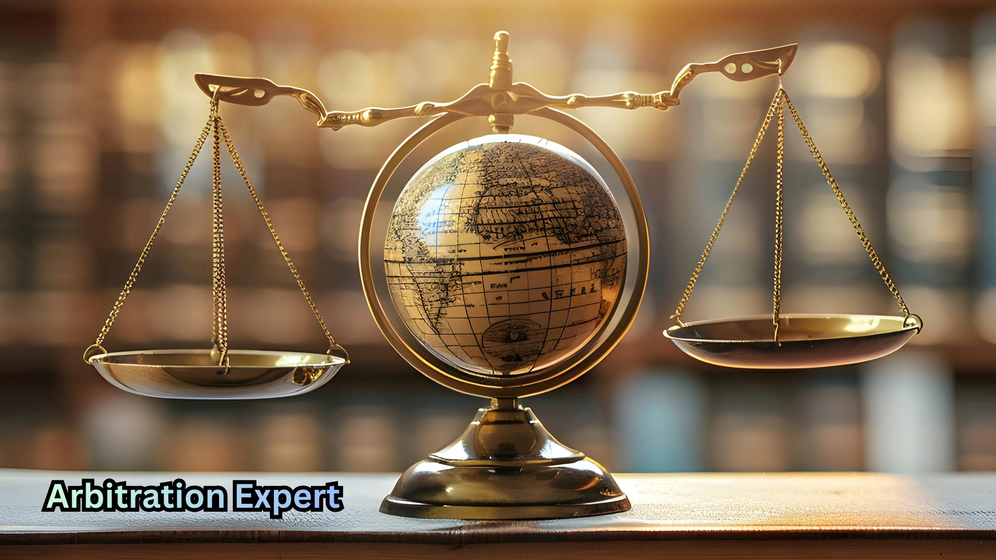 Golden scales of justice balanced with a globe at the center, symbolizing global arbitration, international contracts, and cross-border dispute resolution expertise.