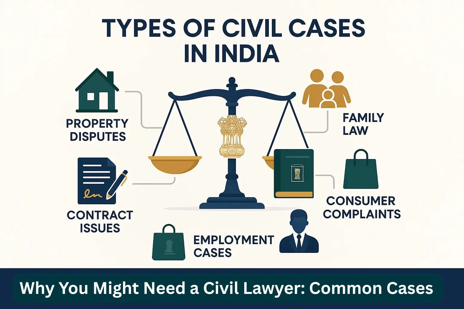 “Infographic showing types of civil cases in India, including property disputes, contract issues, family law, employment cases, and consumer complaints, with icons around a justice scale.”
