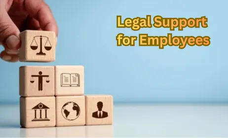 Hand stacking wooden blocks showing legal and employment-related icons with the text “Legal Support for Employees” on a blue background.