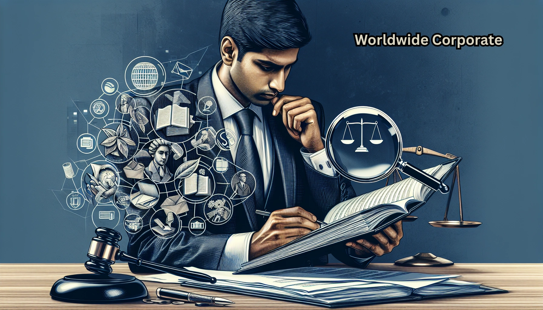 Worldwide corporate legal advisor reviewing documents with global law, governance, and compliance symbols.