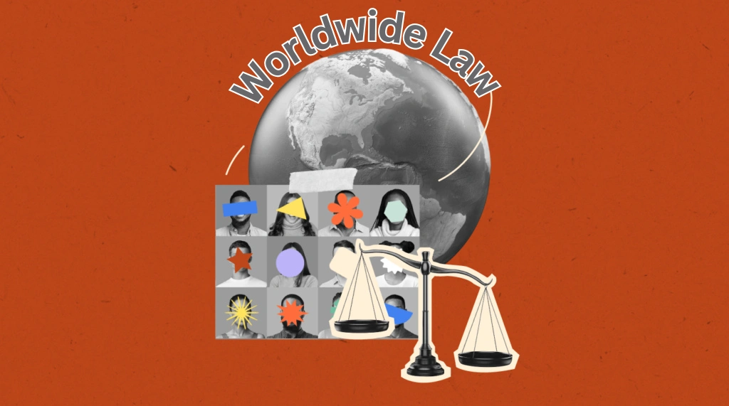 Worldwide law concept illustration showing a globe, diverse people, and scales of justice representing global legal solutions and international legal equality.
