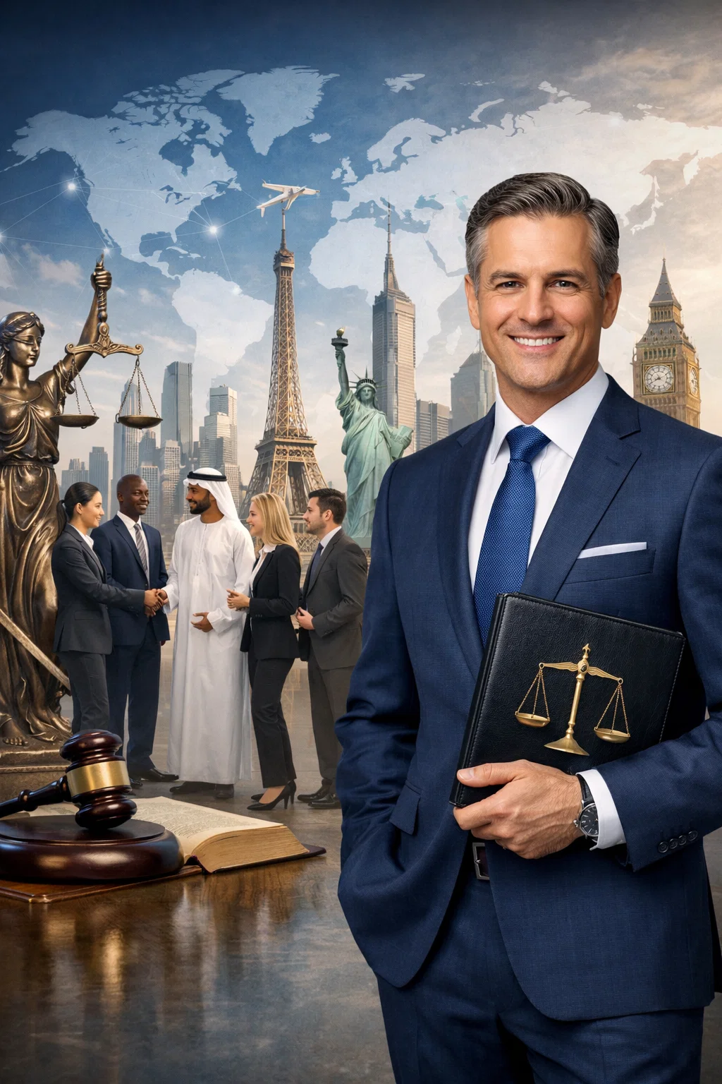 Best international lawyer representing global clients with cross-border legal expertise, international business law, and global justice symbols.