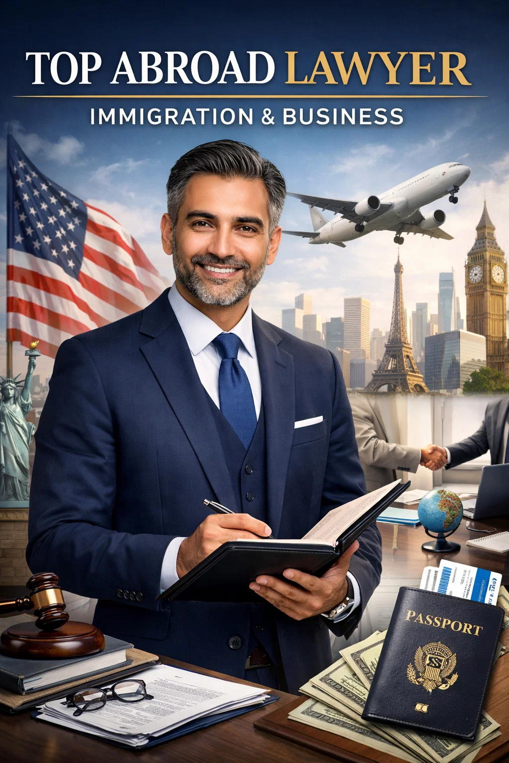 Top abroad lawyer for immigration and business consulting, holding legal documents with global landmarks, passport, and international travel symbols in the background.