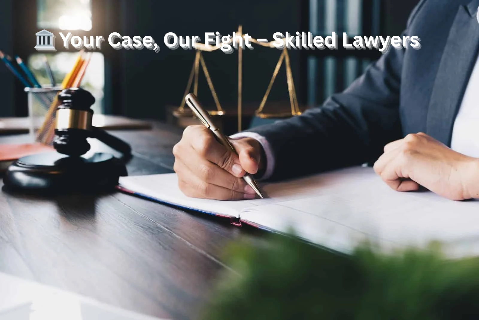 Professional lawyer writing on legal documents at a desk with a gavel and scales of justice in the background.
