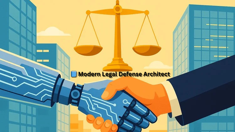 AI robotic hand shaking hands with a human lawyer in front of justice scales, symbolizing technology-powered modern legal defense architecture.